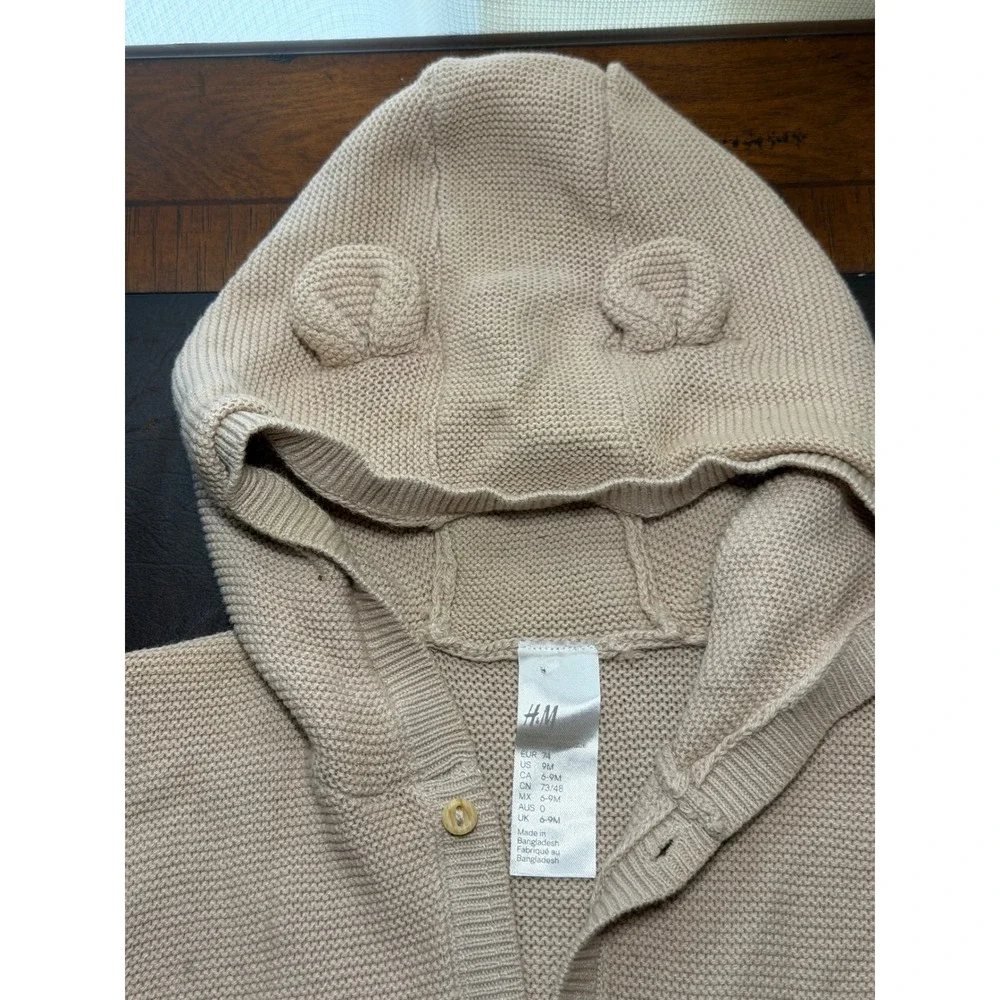 HM Baby Beige Organic Cotton Knit Hooded Cardigan Sweater Bear Ears 9M 1160413